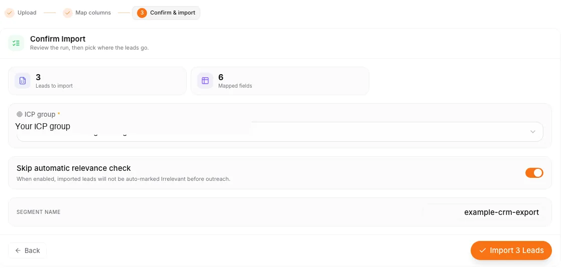 The Confirm Import step of the made up test: leads to import, mapped fields, ICP group, the relevance check switch and the segment name. The ICP group name is replaced with a generic label.