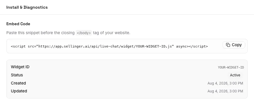 The Install & Diagnostics tab showing the embed code and widget details. The widget ID in the script tag and in the details is replaced with a placeholder.