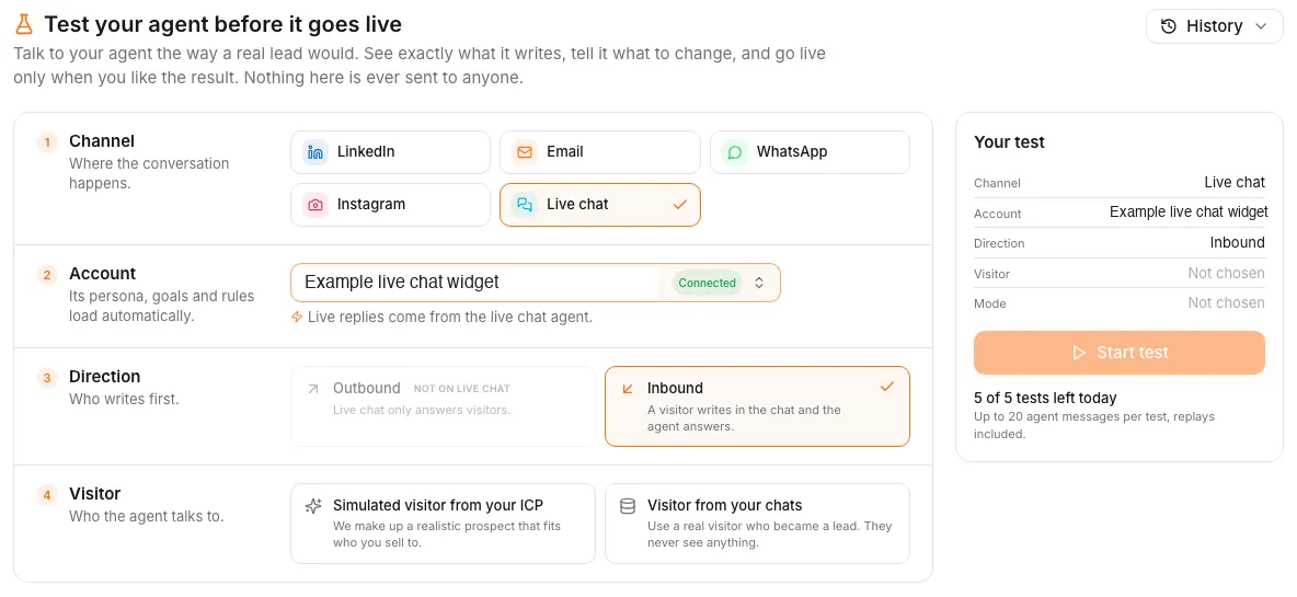 The Test page set up for live chat: channel, account, direction and visitor, with the Your test summary. A generic widget name replaces the test widget's real name.